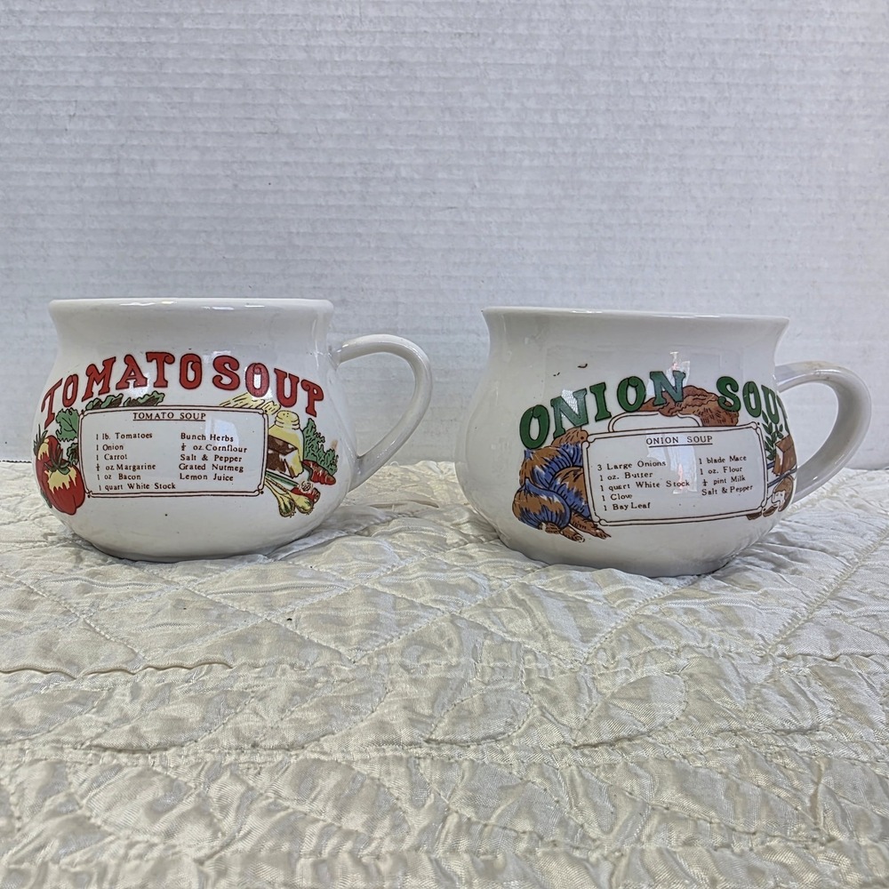 Vintage Onion And Tomato Soup Recipe Mug Set Ceramic Farmhouse Cottagecore Bowl